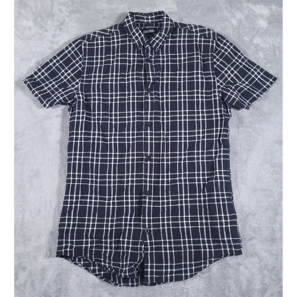 Zanerobe Shirt Mens Medium Black Short Sleeve Plaid Linen Blend Button Down‎